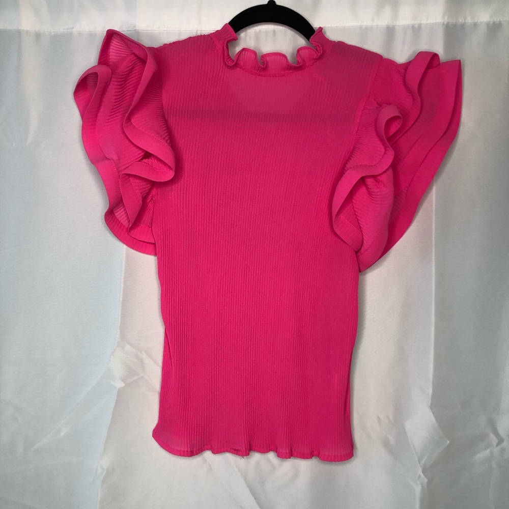 Bubble gum pink ruffle shoulder blouse top.